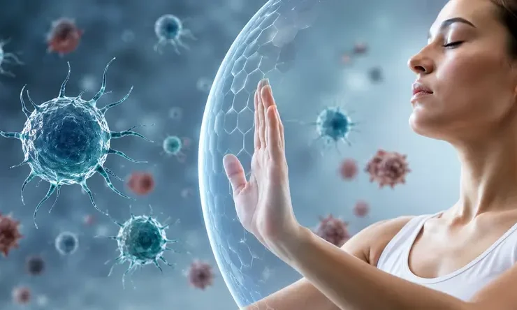 Ilustrasi realistis yang menggambarkan autoimmune health dengan sistem imun melindungi tubuh sebagai representasi hubungan metabolisme, kesehatan sel, dan regulasi sistem imun.