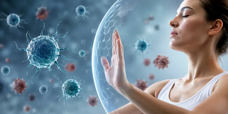 Ilustrasi realistis yang menggambarkan autoimmune health dengan sistem imun melindungi tubuh sebagai representasi hubungan metabolisme, kesehatan sel, dan regulasi sistem imun.
