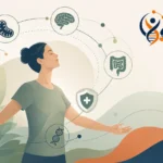 Ilustrasi Biohacking Center Indonesia yang menggambarkan hubungan metabolisme, kesehatan sel, sistem imun, kesehatan usus, fungsi otak, dan longevity sebagai pendekatan biologis terpadu.