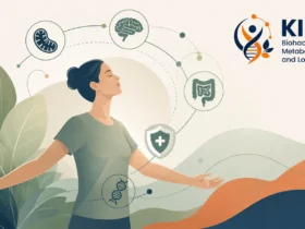 Ilustrasi Biohacking Center Indonesia yang menggambarkan hubungan metabolisme, kesehatan sel, sistem imun, kesehatan usus, fungsi otak, dan longevity sebagai pendekatan biologis terpadu.