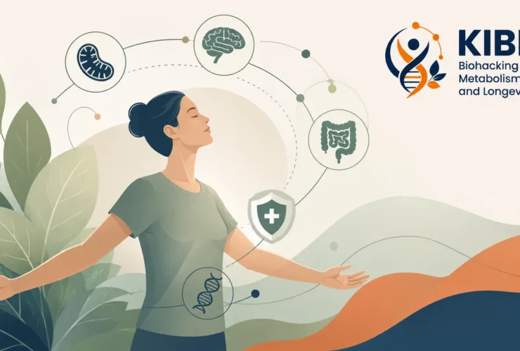 Ilustrasi Biohacking Center Indonesia yang menggambarkan hubungan metabolisme, kesehatan sel, sistem imun, kesehatan usus, fungsi otak, dan longevity sebagai pendekatan biologis terpadu.