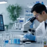 Ilustrasi seorang ilmuwan meneliti metabolisme dan kesehatan sel sebagai bagian dari konsep Biohacking Indonesia yang berfokus pada metabolism, cellular health, dan longevity.