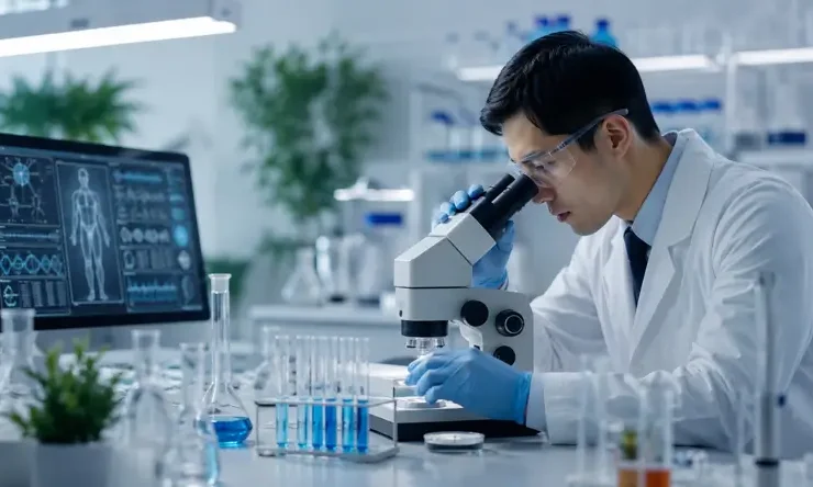 Ilustrasi seorang ilmuwan meneliti metabolisme dan kesehatan sel sebagai bagian dari konsep Biohacking Indonesia yang berfokus pada metabolism, cellular health, dan longevity.