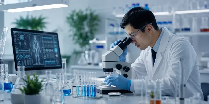 Ilustrasi seorang ilmuwan meneliti metabolisme dan kesehatan sel sebagai bagian dari konsep Biohacking Indonesia yang berfokus pada metabolism, cellular health, dan longevity.
