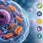 Ilustrasi sel manusia dengan mitokondria sebagai pusat produksi energi yang menggambarkan konsep biohacking kesehatan sel, metabolisme, dan cellular health.