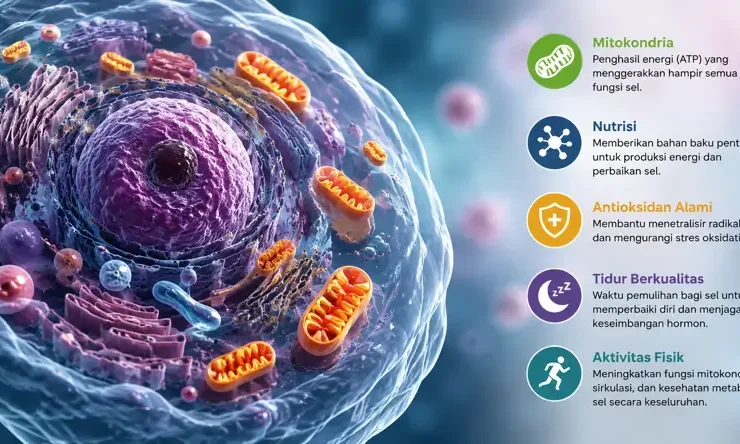 Ilustrasi sel manusia dengan mitokondria sebagai pusat produksi energi yang menggambarkan konsep biohacking kesehatan sel, metabolisme, dan cellular health.