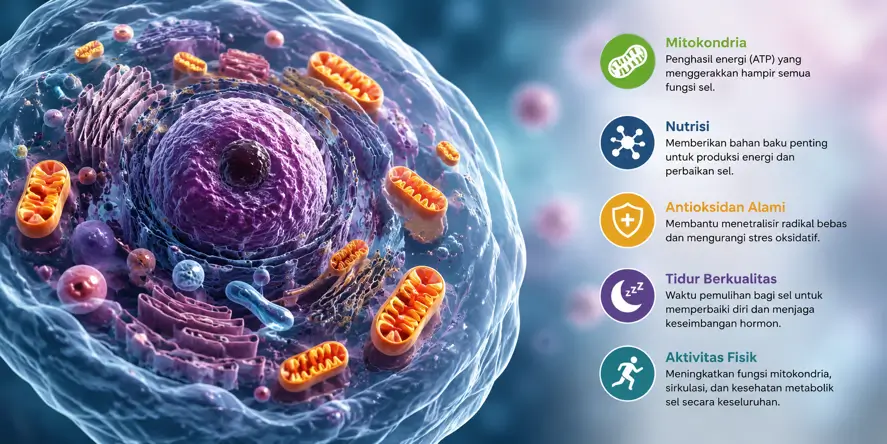 Ilustrasi sel manusia dengan mitokondria sebagai pusat produksi energi yang menggambarkan konsep biohacking kesehatan sel, metabolisme, dan cellular health.