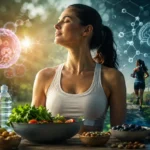 Ilustrasi biohacking longevity yang menampilkan hubungan antara nutrisi, aktivitas fisik, kualitas tidur, metabolisme, kesehatan sel, DNA, dan fungsi otak untuk mendukung healthy aging.
