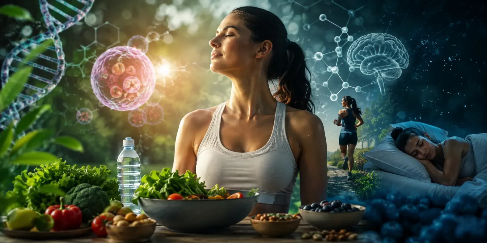 Ilustrasi biohacking longevity yang menampilkan hubungan antara nutrisi, aktivitas fisik, kualitas tidur, metabolisme, kesehatan sel, DNA, dan fungsi otak untuk mendukung healthy aging.