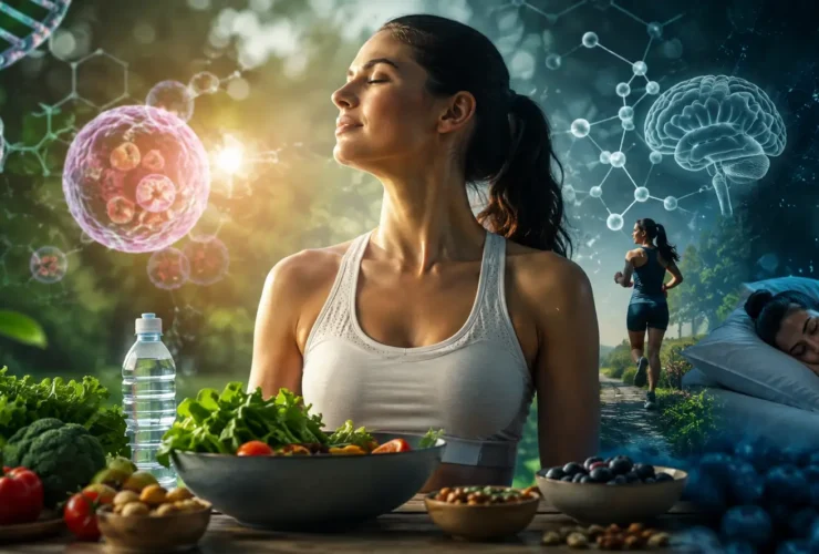 Ilustrasi biohacking longevity yang menampilkan hubungan antara nutrisi, aktivitas fisik, kualitas tidur, metabolisme, kesehatan sel, DNA, dan fungsi otak untuk mendukung healthy aging.