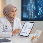 Dokter KIBM berhijab memberikan konsultasi biohacking metabolisme kepada pasien menggunakan hasil biological assessment untuk memahami kesehatan metabolik dan kesehatan sel.