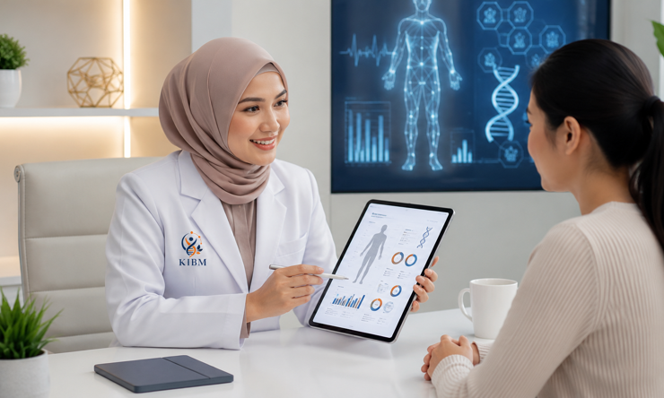Dokter KIBM berhijab memberikan konsultasi biohacking metabolisme kepada pasien menggunakan hasil biological assessment untuk memahami kesehatan metabolik dan kesehatan sel.