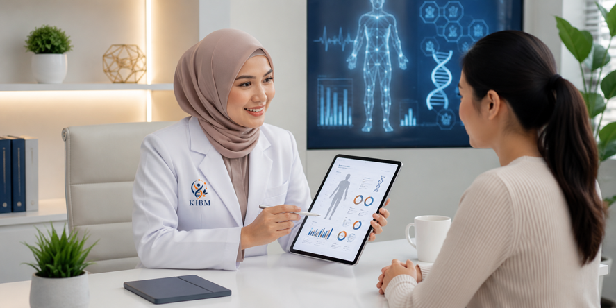 Dokter KIBM berhijab memberikan konsultasi biohacking metabolisme kepada pasien menggunakan hasil biological assessment untuk memahami kesehatan metabolik dan kesehatan sel.