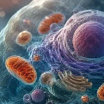 Visual realistis struktur sel manusia dengan mitokondria dan inti sel sebagai ilustrasi Biohacking Sel untuk mendukung kesehatan sel, metabolisme, dan produksi energi.