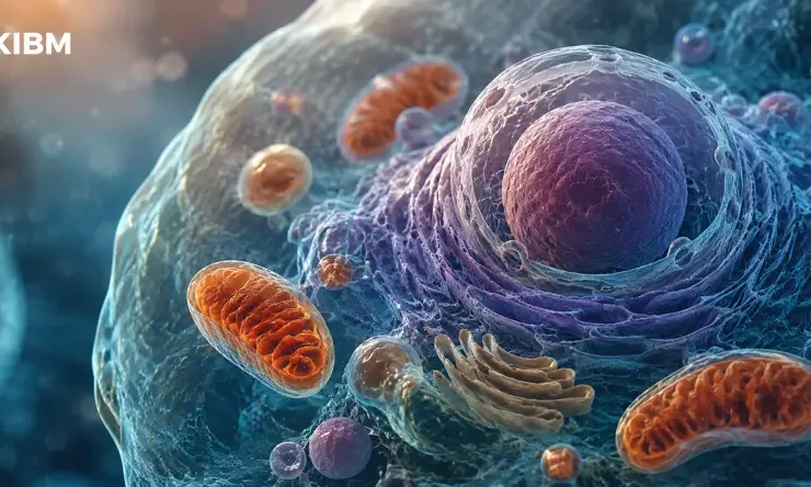 Visual realistis struktur sel manusia dengan mitokondria dan inti sel sebagai ilustrasi Biohacking Sel untuk mendukung kesehatan sel, metabolisme, dan produksi energi.