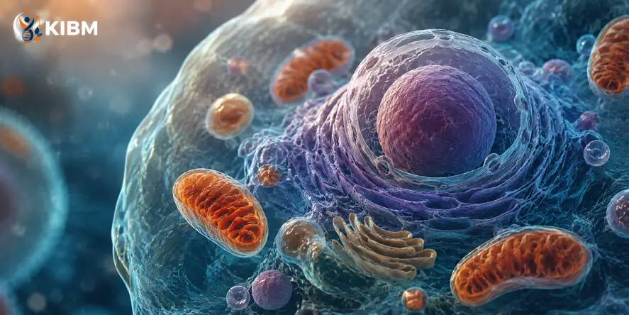 Visual realistis struktur sel manusia dengan mitokondria dan inti sel sebagai ilustrasi Biohacking Sel untuk mendukung kesehatan sel, metabolisme, dan produksi energi.