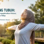Seorang wanita berhijab merentangkan kedua lengan sambil menarik napas panjang di ruang terbuka sebagai ilustrasi biohacking tubuh untuk meningkatkan energi, metabolisme, dan kesehatan secara alami.