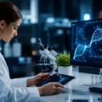 Ilustrasi seorang peneliti menganalisis data biologis menggunakan teknologi digital untuk mendukung biohacking, kesehatan metabolisme, kesehatan sel, dan longevity.