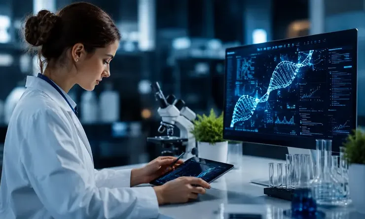 Ilustrasi seorang peneliti menganalisis data biologis menggunakan teknologi digital untuk mendukung biohacking, kesehatan metabolisme, kesehatan sel, dan longevity.