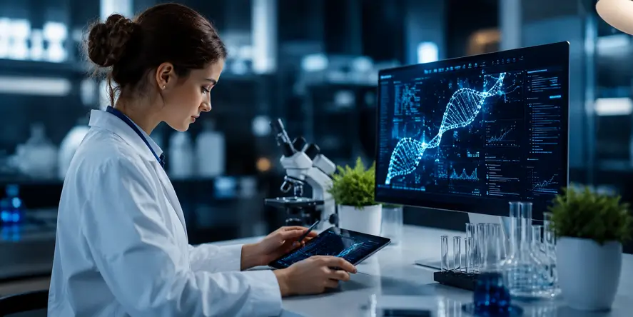 Ilustrasi seorang peneliti menganalisis data biologis menggunakan teknologi digital untuk mendukung biohacking, kesehatan metabolisme, kesehatan sel, dan longevity.