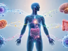 Ilustrasi konsep Integrative Medicine Indonesia yang menggambarkan hubungan antara metabolisme, kesehatan sel, kesehatan usus, sistem imun, dan fungsi otak dalam pendekatan kesehatan terpadu KIBM.
