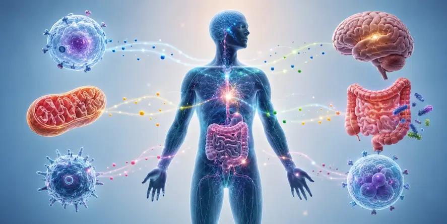Ilustrasi konsep Integrative Medicine Indonesia yang menggambarkan hubungan antara metabolisme, kesehatan sel, kesehatan usus, sistem imun, dan fungsi otak dalam pendekatan kesehatan terpadu KIBM.