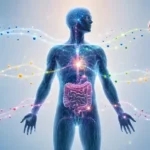Ilustrasi ilmiah yang menggambarkan proses cell signaling atau komunikasi antar sel pada tubuh manusia, menunjukkan hubungan antara metabolisme, kesehatan sel, sistem imun, kesehatan usus, dan fungsi otak.
