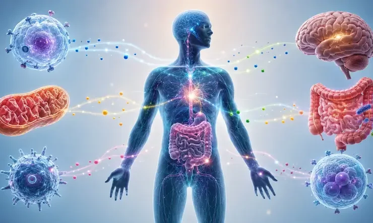 Ilustrasi ilmiah yang menggambarkan proses cell signaling atau komunikasi antar sel pada tubuh manusia, menunjukkan hubungan antara metabolisme, kesehatan sel, sistem imun, kesehatan usus, dan fungsi otak.