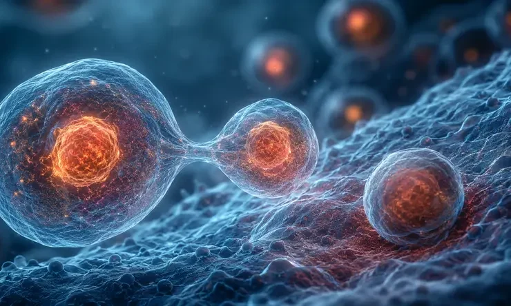 Ilustrasi realistis proses cellular regeneration yang menunjukkan pembaruan sel sebagai bagian dari kesehatan sel, metabolisme, dan longevity.