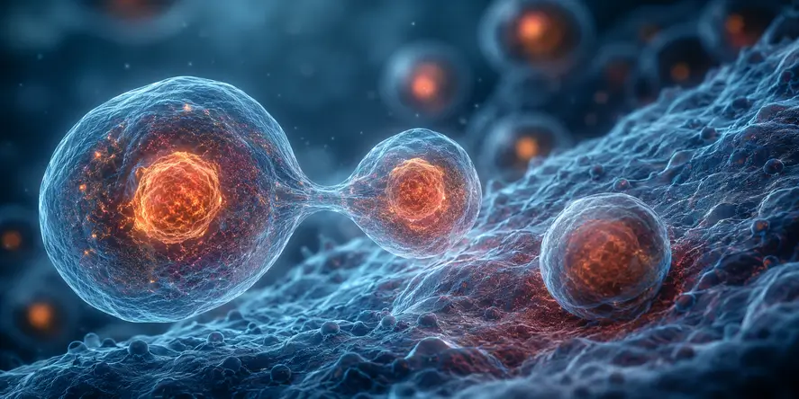 Ilustrasi realistis proses cellular regeneration yang menunjukkan pembaruan sel sebagai bagian dari kesehatan sel, metabolisme, dan longevity.