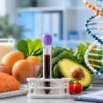 Ilustrasi realistis pemeriksaan Food Allergy IgG dengan sampel darah, makanan bergizi, model DNA, dan mikroskop sebagai simbol evaluasi kesehatan metabolisme serta sistem imun.