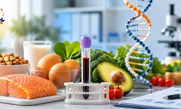 Ilustrasi realistis pemeriksaan Food Allergy IgG dengan sampel darah, makanan bergizi, model DNA, dan mikroskop sebagai simbol evaluasi kesehatan metabolisme serta sistem imun.