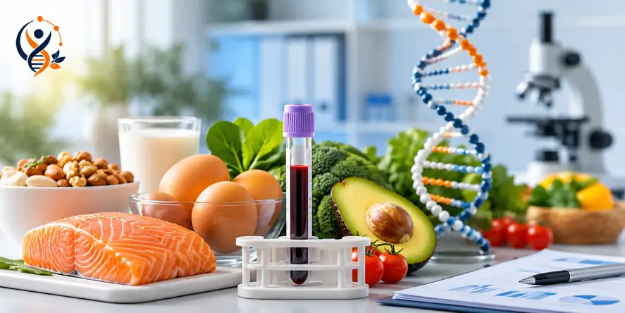 Ilustrasi realistis pemeriksaan Food Allergy IgG dengan sampel darah, makanan bergizi, model DNA, dan mikroskop sebagai simbol evaluasi kesehatan metabolisme serta sistem imun.