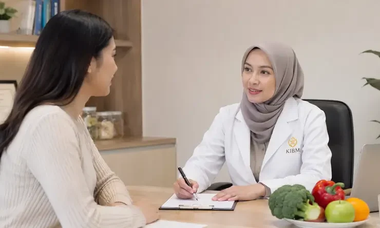 Dokter wanita berhijab berkonsultasi dengan pasien di klinik KIBM menggunakan pendekatan Functional Medicine Indonesia yang berfokus pada metabolisme, kesehatan sel, dan longevity.