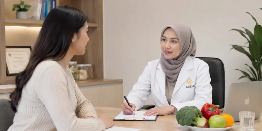 Dokter wanita berhijab berkonsultasi dengan pasien di klinik KIBM menggunakan pendekatan Functional Medicine Indonesia yang berfokus pada metabolisme, kesehatan sel, dan longevity.