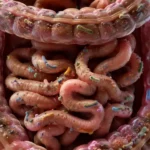 Ilustrasi realistis gut microbiome di dalam usus manusia yang menunjukkan ekosistem mikroorganisme berperan dalam metabolisme, sistem imun, dan kesehatan sel.