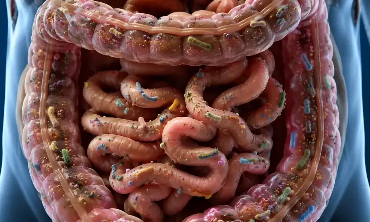 Ilustrasi realistis gut microbiome di dalam usus manusia yang menunjukkan ekosistem mikroorganisme berperan dalam metabolisme, sistem imun, dan kesehatan sel.