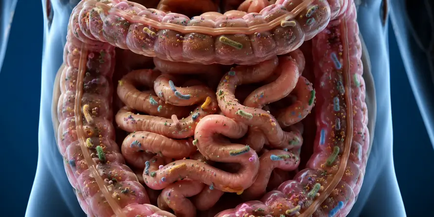 Ilustrasi realistis gut microbiome di dalam usus manusia yang menunjukkan ekosistem mikroorganisme berperan dalam metabolisme, sistem imun, dan kesehatan sel.
