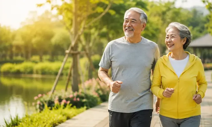 Pasangan lansia sehat berjalan santai di taman sebagai ilustrasi healthy aging, gaya hidup aktif, kesehatan metabolik, dan longevity.