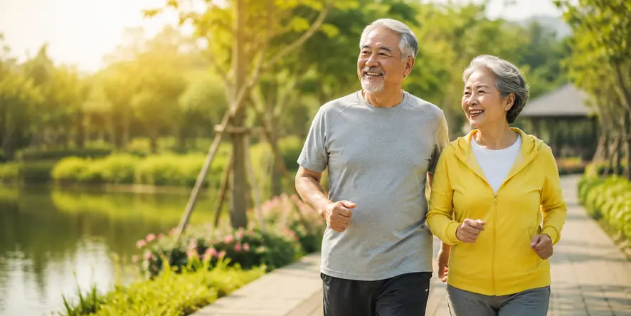 Pasangan lansia sehat berjalan santai di taman sebagai ilustrasi healthy aging, gaya hidup aktif, kesehatan metabolik, dan longevity.