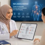 Dokter KIBM berhijab memberikan konsultasi mengenai inflamasi kronis kepada pasien menggunakan hasil biological assessment untuk menjelaskan hubungan peradangan, metabolisme, dan kesehatan sel.