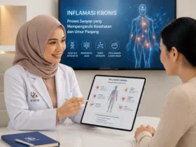 Dokter KIBM berhijab memberikan konsultasi mengenai inflamasi kronis kepada pasien menggunakan hasil biological assessment untuk menjelaskan hubungan peradangan, metabolisme, dan kesehatan sel.