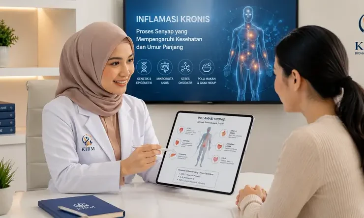 Dokter KIBM berhijab memberikan konsultasi mengenai inflamasi kronis kepada pasien menggunakan hasil biological assessment untuk menjelaskan hubungan peradangan, metabolisme, dan kesehatan sel.