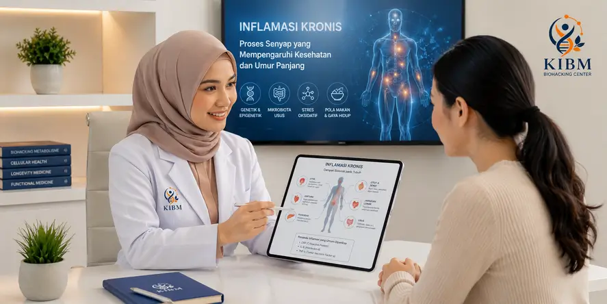 Dokter KIBM berhijab memberikan konsultasi mengenai inflamasi kronis kepada pasien menggunakan hasil biological assessment untuk menjelaskan hubungan peradangan, metabolisme, dan kesehatan sel.