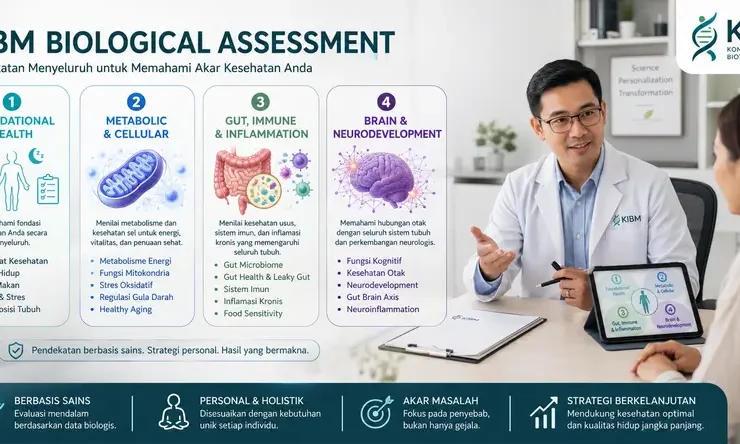 Dokter KIBM menjelaskan KIBM Biological Assessment Framework kepada pasien melalui empat pilar assessment, yaitu Foundational Health, Metabolic & Cellular, Gut, Immune & Inflammation, serta Brain & Neurodevelopment untuk memahami akar penyebab gangguan kesehatan.