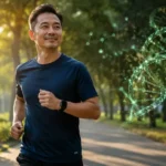 Ilustrasi seseorang berolahraga di ruang terbuka sebagai representasi longevity medicine yang berfokus pada kesehatan metabolik, kesehatan sel, dan kualitas hidup jangka panjang.