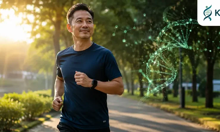 Ilustrasi seseorang berolahraga di ruang terbuka sebagai representasi longevity medicine yang berfokus pada kesehatan metabolik, kesehatan sel, dan kualitas hidup jangka panjang.