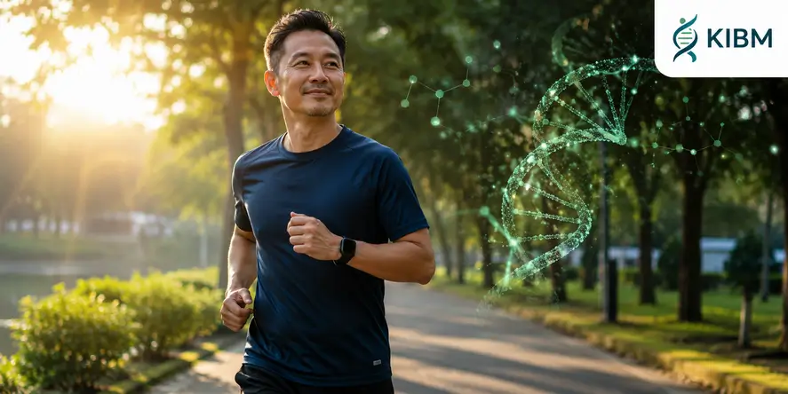 Ilustrasi seseorang berolahraga di ruang terbuka sebagai representasi longevity medicine yang berfokus pada kesehatan metabolik, kesehatan sel, dan kualitas hidup jangka panjang.