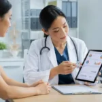 Dokter menjelaskan hasil metabolic assessment kepada pasien menggunakan data kesehatan untuk mengevaluasi metabolisme, kesehatan sel, dan kondisi metabolik secara menyeluruh.