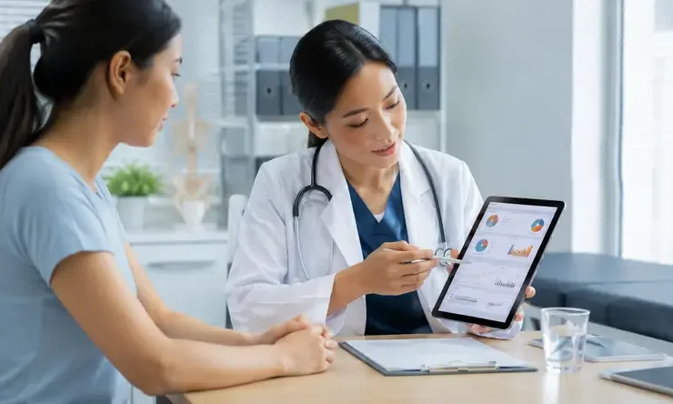 Dokter menjelaskan hasil metabolic assessment kepada pasien menggunakan data kesehatan untuk mengevaluasi metabolisme, kesehatan sel, dan kondisi metabolik secara menyeluruh.